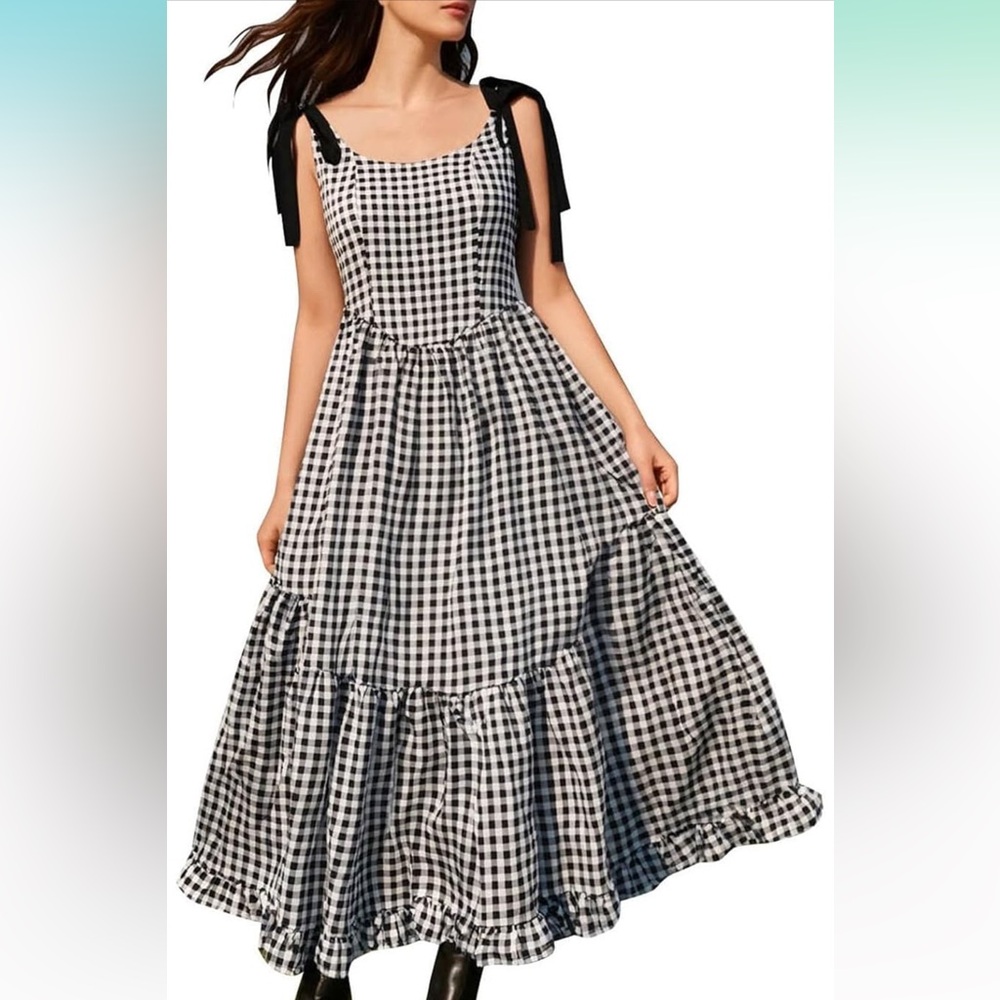 Flows gingham tiered maxi dress with ribbon ties NWT